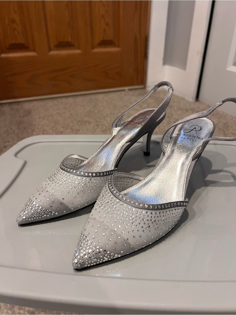Adrianna Papell Silver Crystal-Studded Slingback Pumps